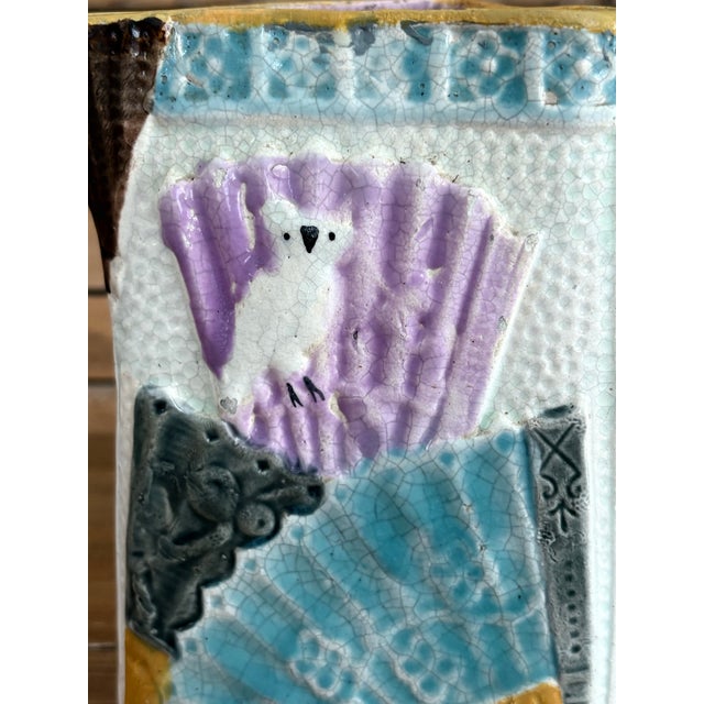 Antique Victorian Majolica Triangular Pitcher With Birds & Bamboo Handle — Aesthetic Movement, C. 1880s For Sale - Image 10 of 11