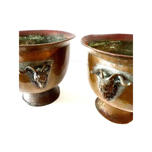 Pair of Planters heavily patinated Copper, Brass and other metals - Each has a pair of Rams on either side for handles or...