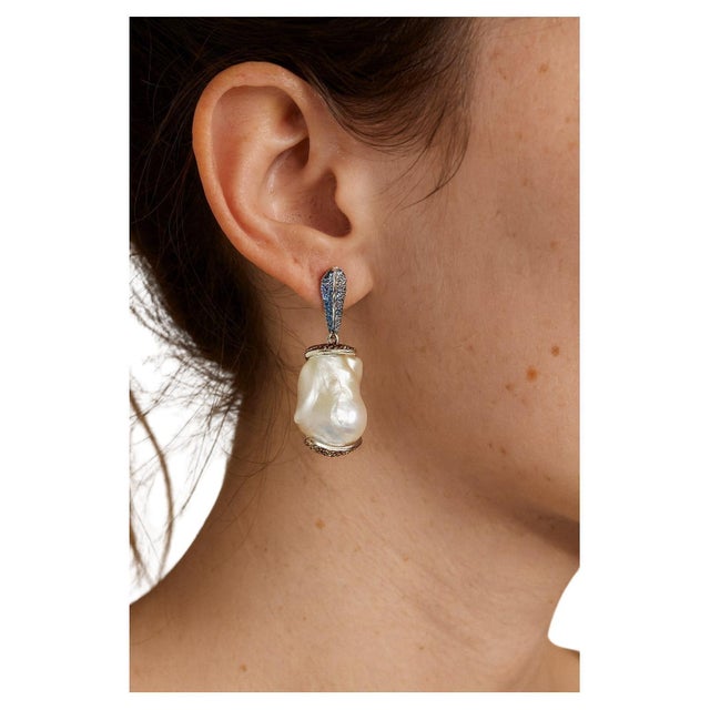 Baroque Bochic “Orient” Vintage Blue Sapphire & Pearl Earrings Set 18K Gold & Silver For Sale - Image 3 of 7