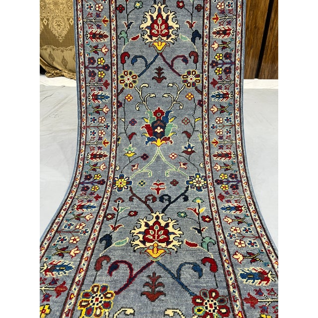 Blue Gray and Red Floral Wool Runner Rug, Persian Style, 2'9" X 9'7" For Sale - Image 4 of 17