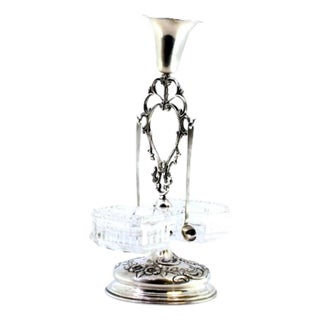 Silver Toothpick Holder with Chalice, Cut-Out Application and Cut Glass Containers for Salt and Pepper For Sale