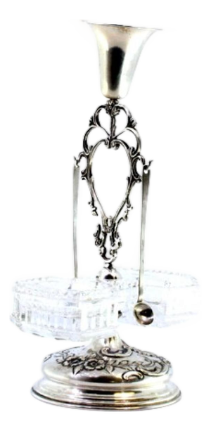Silver Toothpick Holder with Chalice, Cut-Out Application and Cut Glass Containers for Salt and Pepper