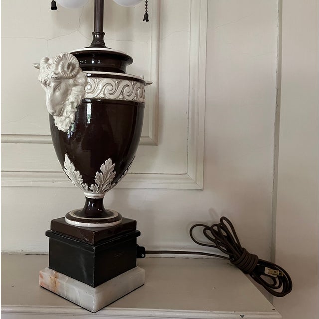 Fine Antique 19th Century Italian Creamware Urn With Goat Mask Handles Mounted as a Table Lamp For Sale In New York - Image 6 of 15