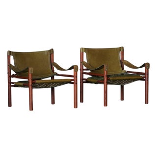 Sirocco Safari Chairs in Ash and Green Leather attributed to Arne Norell for Aneby Mobler, 1960s, Set of 2 For Sale