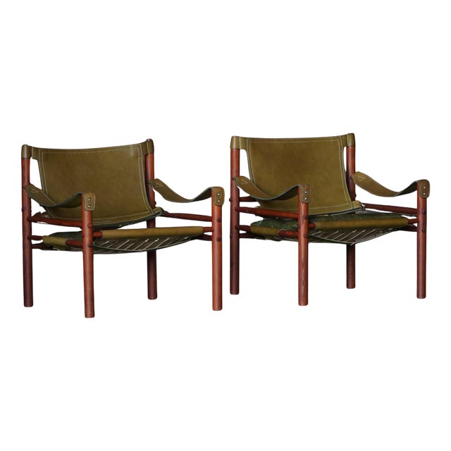 Sirocco Safari Chairs in Ash and Green Leather attributed to Arne Norell for Aneby Mobler, 1960s, Set of 2 For Sale