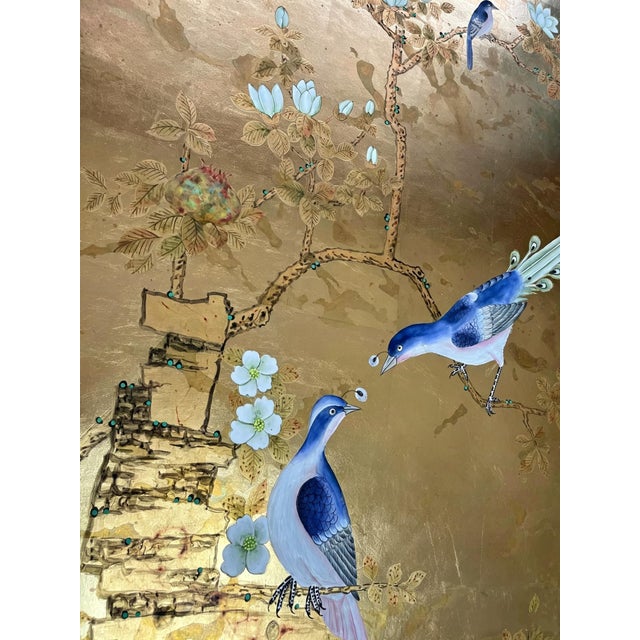 Hand Painted Gold Leaf Wallpaper With Birds & Floral Chinoiserie Design, Luxury Oriental Wallcovering, Custom Made Decorative Wall Mural For Sale - Image 13 of 13