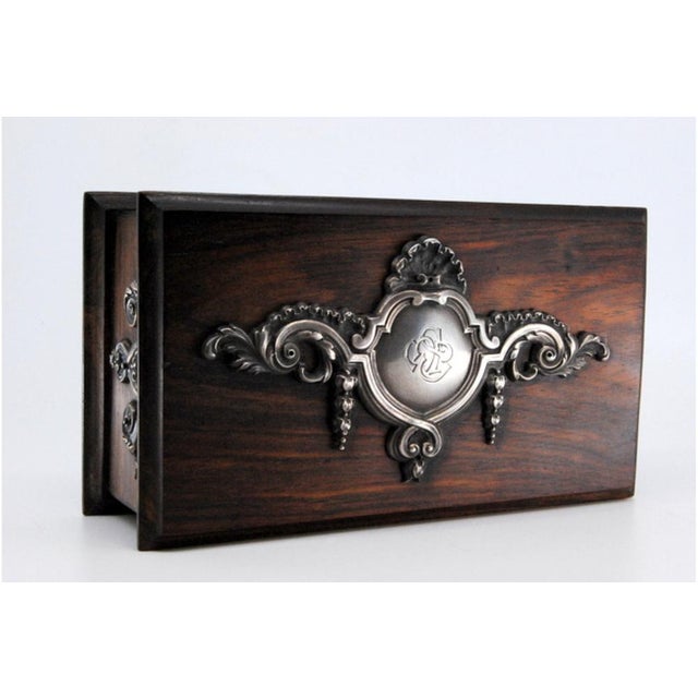 Wooden Jewelry Box with Silver Applications and Coat of Arms Letters on the Lid For Sale - Image 4 of 11