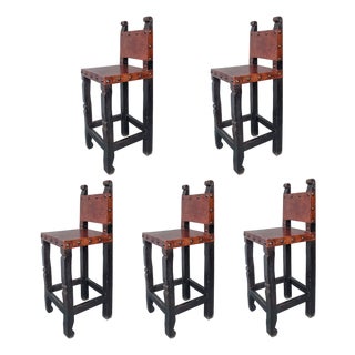 Vintage Spanish Colonial Hacienda Style Leather Bar Stools - Set of 5 For Sale