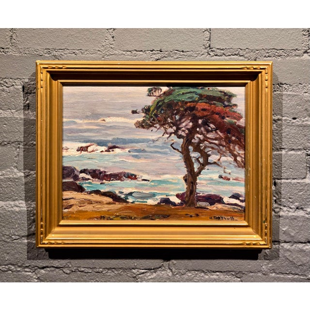 American Hanson Puthuff "Monterey Coastal Cypress" Plein Air Impressionist Landscape-1930s Oil Painting For Sale - Image 3 of 10