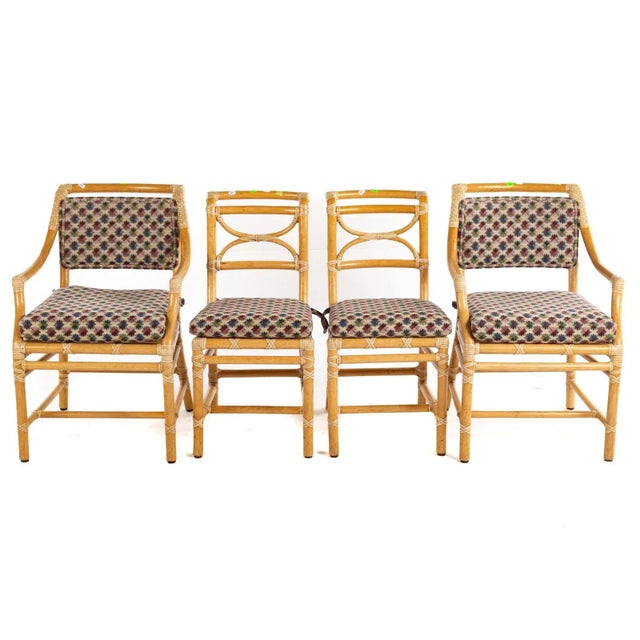 Brown 1970s McGuire Bamboo and Rattan Flip-Top Games Table With Extension Leaves and Four Dining Chairs For Sale - Image 8 of 12