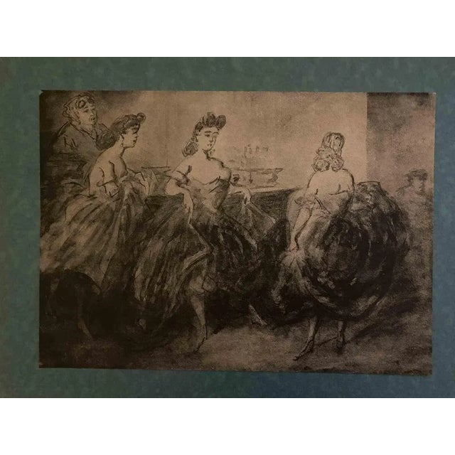 Ballerinas is a photolithograph print on ivory-colored paper, glued on a greenish Passepartout realized in the early 20...