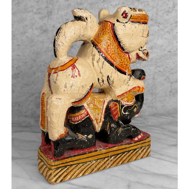 Paper Vintage Hindu Gajasimha Foodog Lion W/ Elephant Painted Sculpture - 12" For Sale - Image 7 of 14