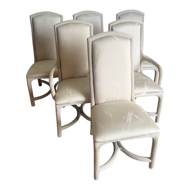 Boho Chic White Washed Pencil Reed Dining Chairs - Set of 6 For Sale