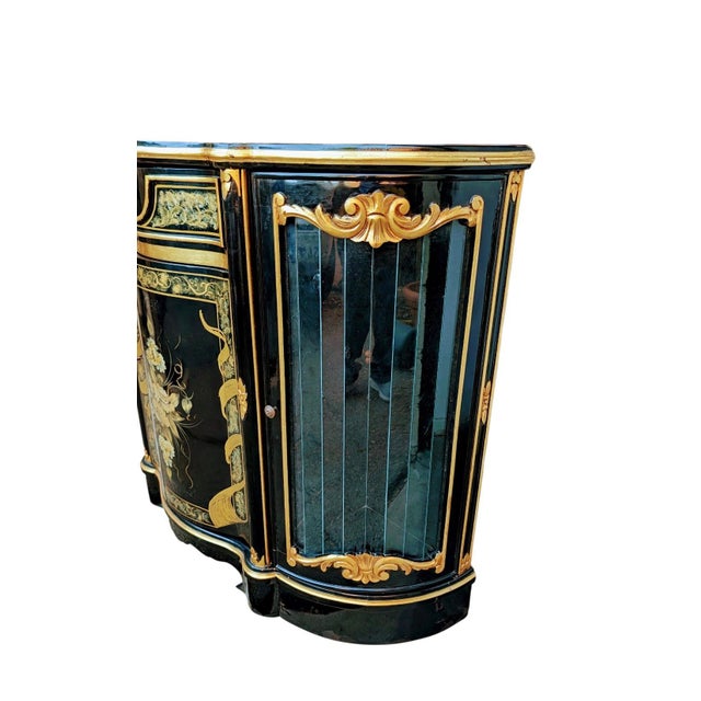 An excellent quality Victorian lacquered black and floral gold marquetry display cabinet with central panel and glazed "D"...
