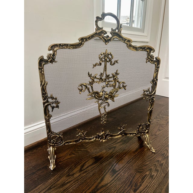 Late 20th Century Vintage French Rococo Style Brass Fireplace Screen With Lovebirds For Sale - Image 5 of 7