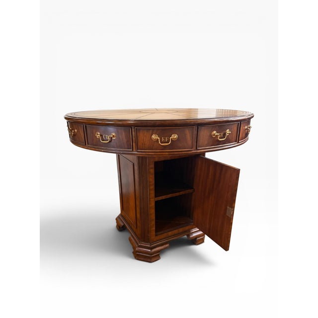 Early 21st Century Vintage Maitland-Smith Rotating Rent Table / Drum Table in Mahogany & Burlwood – Alphabetized Drawers – 42” Round For Sale - Image 5 of 18