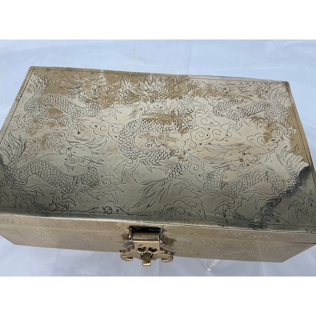 Antique Chinese Brass Dragon Engraved Jewelry or Document Box For Sale - Image 4 of 12