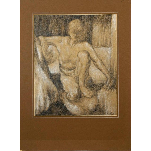 Joseph Smedley, Seated Male Nude, 20th Century, Charcoal and Chalk Drawing For Sale - Image 3 of 5