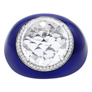18K White Gold 14mm White Quartz and 1/5 Cttw Diamond Halo with Blue Enamel Dome Ring (F-G Color, VS1-VS2 Clarity) - Ring Size 7 For Sale