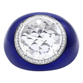 18K White Gold 14mm White Quartz and 1/5 Cttw Diamond Halo with Blue Enamel Dome Ring, Size 7 For Sale
