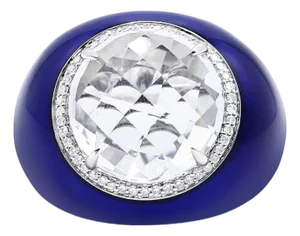 18K White Gold 14mm White Quartz and 1/5 Cttw Diamond Halo with Blue Enamel Dome Ring, Size 7