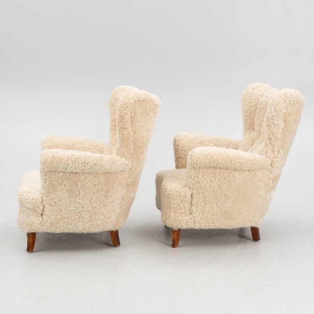 1940s Swedish Lounge Chairs Sheepskin Birch Pair For Sale - Image 6 of 7