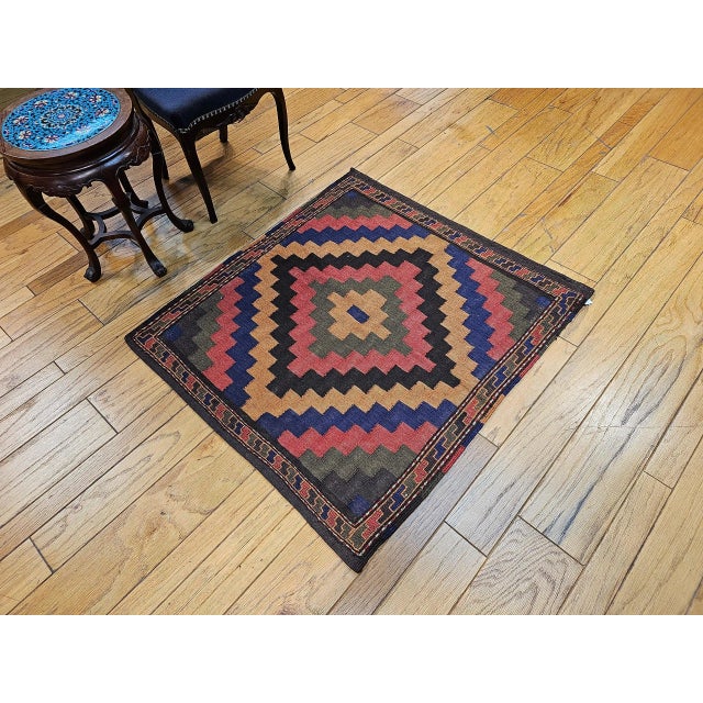 Vintage Persian Sofreh Qashqai Tribal Kilim, Handwoven Wool, Geometric Multicolor Pattern, 4’ X 4’ For Sale - Image 9 of 9