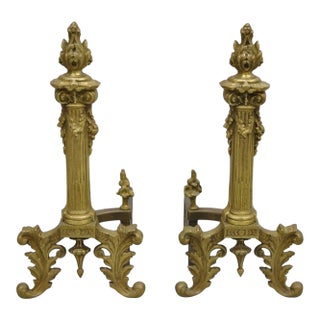 Antique French Empire Style Bronze Corinthian Column Fireplace Andirons - A Pair For Sale