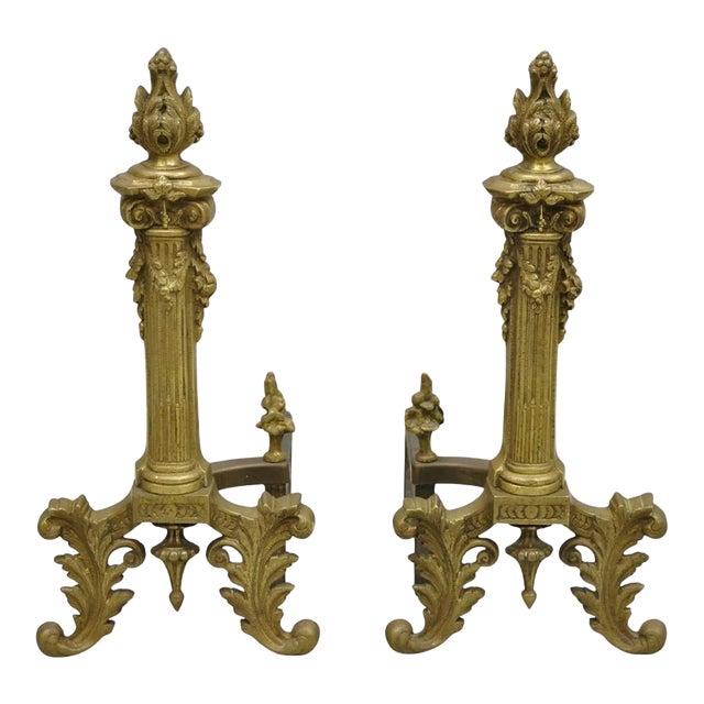 Antique French Empire Style Bronze Corinthian Column Fireplace Andirons - A Pair For Sale