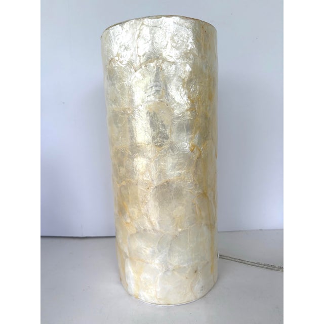 1990s Handcrafted 11-Inch Capiz Shell Cylinder Table Lamp For Sale - Image 4 of 9