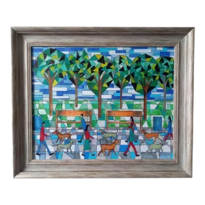 Dog Walking in the Park. Contemporary Figurative Oil Painting by Christopher Barrow