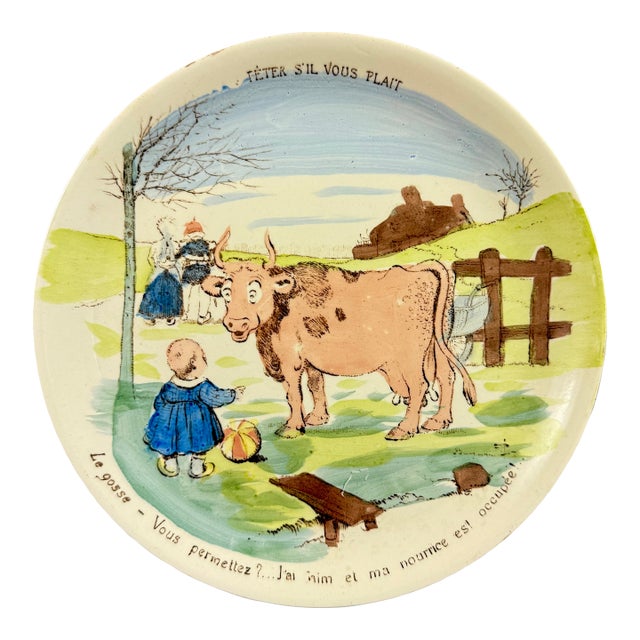 1900s Sarreguemines Benjamin Rabier Childs Plate, Téter S’il Vous Plait For Sale