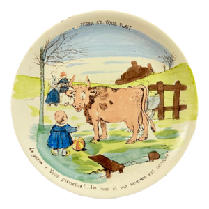 1900s Sarreguemines Benjamin Rabier Childs Plate, Téter S’il Vous Plait