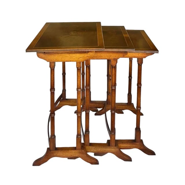 Late 20th Century Vintage Inlaid Burr Yew and Mahogany Faux Bamboo Nesting Tables - Set of Three For Sale - Image 4 of 10