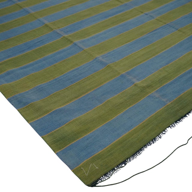 Rug & Kilim Vintage Dhurrie Rug With Blue and Green Stripes | Rug & Kilim For Sale - Image 4 of 6