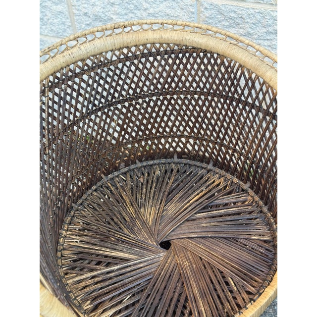 1970s Boho Coastal Wicker Rattan Barrel Chairs With Matching Drum Table – Set of 3 For Sale - Image 10 of 12