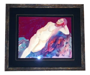 1990s Reclining Figurative Female Nude Watercolor Painting by Mel Carter, Framed