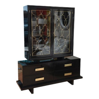 Vintage Rare Grosfeld House Modernist Black Lacquered Over Wood, Brass and Glass Cabinet, 1940's For Sale