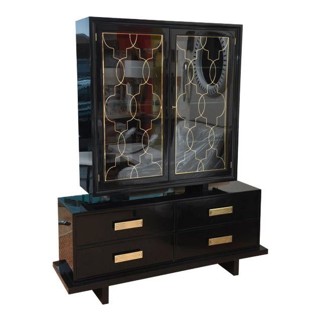 Vintage Rare Grosfeld House Modernist Black Lacquered Over Wood, Brass and Glass Cabinet, 1940's For Sale