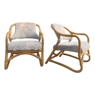 Pair of Danish Bamboo Lounge Chairs With Diamond-Pattern Upholstery, Denmark, Circa 1970s For Sale