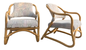 Pair of Danish Bamboo Lounge Chairs With Diamond-Pattern Upholstery, Denmark, Circa 1970s
