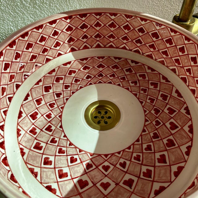 Metal Moroccan Modern Hearts Pink Ceramic Vessel Sink With Brass Drain For Sale - Image 7 of 9