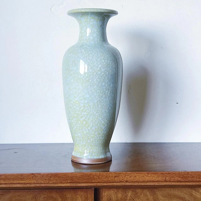 Blue Mid-Century Asian Pottery Vase in Soft Blue-Green-Yellow Glaze With Crazing, Signed For Sale - Image 8 of 8