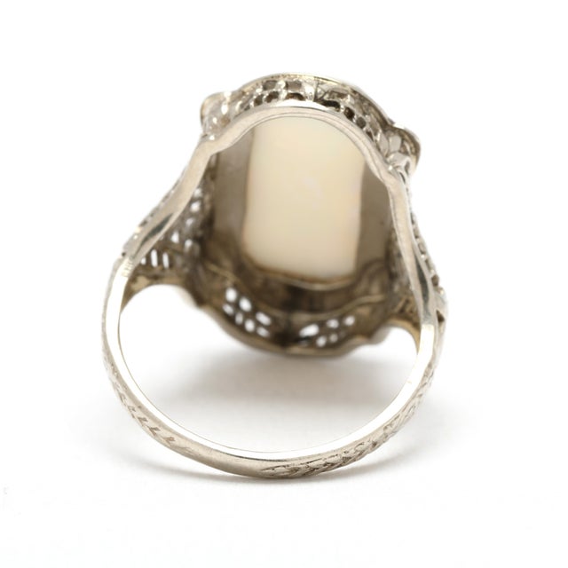 1930s Art Deco Large Opal Rectangular Ring, 14k White Gold, Ring Size 4.25 For Sale - Image 4 of 6