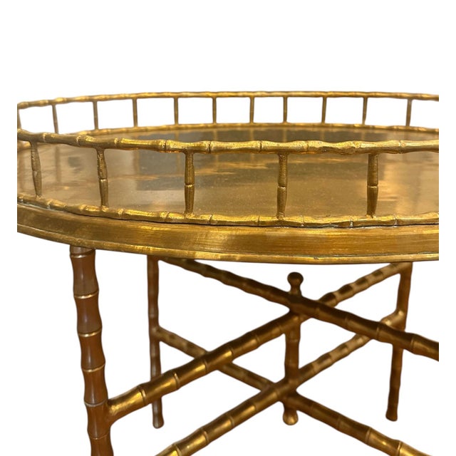 Vintage Brass Faux Bamboo Oval Tray / Drinks / Side / Accent Table With Folding Stand, in the Manner of Maison Baguès For Sale - Image 10 of 10