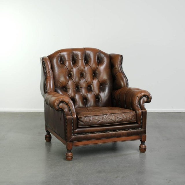 Vintage English Cowhide Chesterfield Wing Armchair For Sale - Image 13 of 13