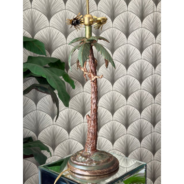 Brown Vintage Tropical Tiki Jungle Safari Banana Palm Tree and Monkey Metal Table Lamp Attributed to Frederick Cooper For Sale - Image 8 of 18