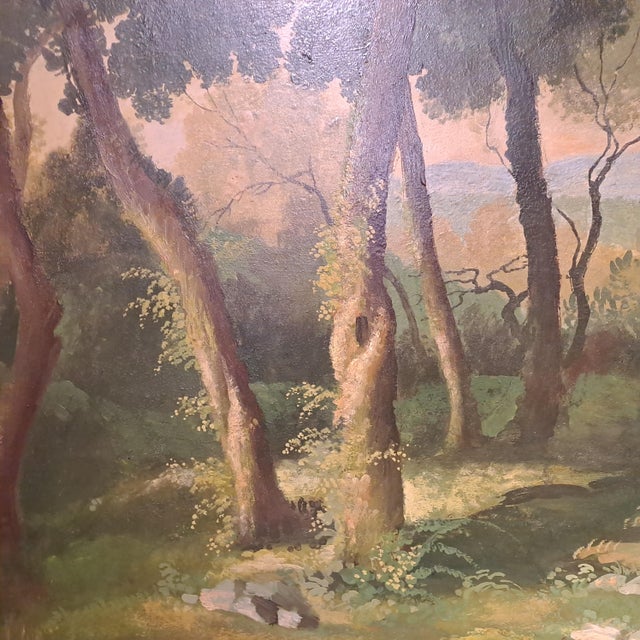 Large oil painting on hardboard depicting a landscape with figures. At the center of the composition three characters...