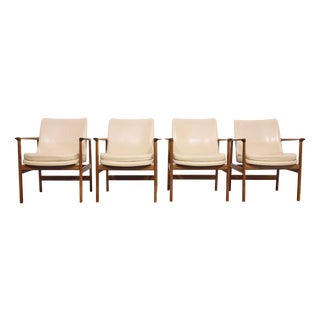 Vintage Dining Armchairs in Walnut and Vinyl Leather from Ib Kofod-Larsen, 1963, Set of 4 For Sale