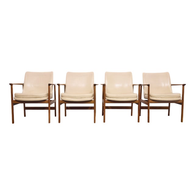 Vintage Dining Armchairs in Walnut and Vinyl Leather from Ib Kofod-Larsen, 1963, Set of 4 For Sale